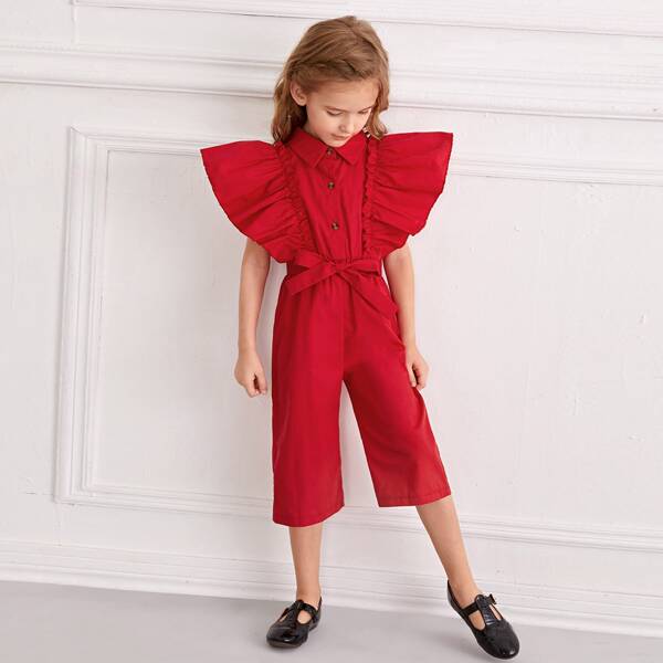 

Toddler Girls Exaggerated Ruffle Belted Jumpsuit, Red