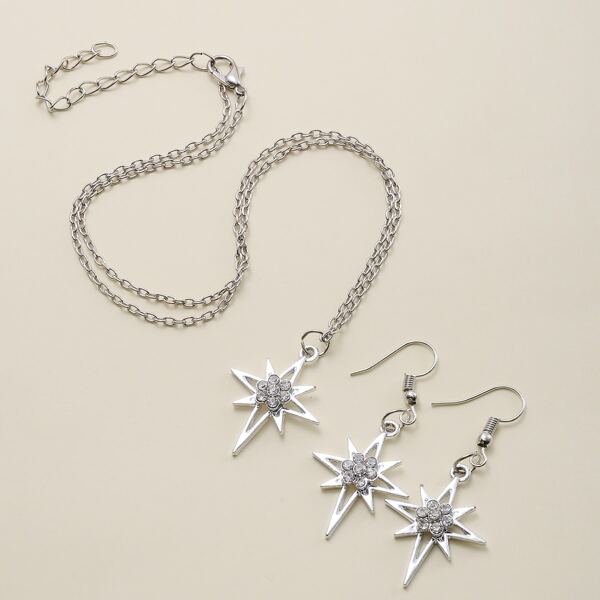 

1pc Rhinestone Decor Necklace & 1pair Drop Earrings, Silver
