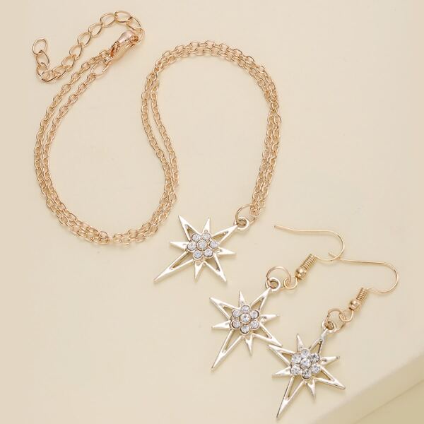 

1pc Rhinestone Decor Necklace & 1pair Drop Earrings, Gold