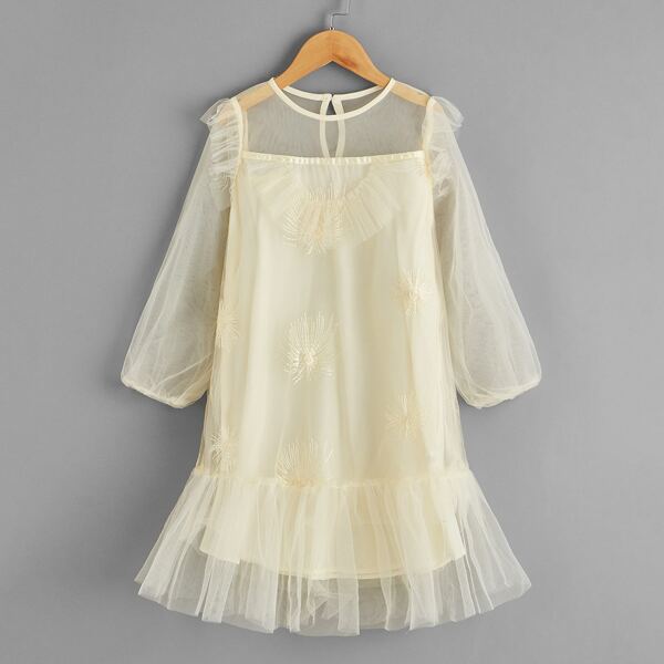 

Girls Ruffle Hem Embroidery Mesh Overlay Dress, Beige