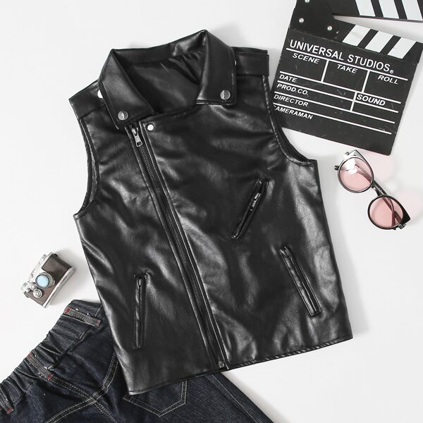 

Toddler Boys Zip Up PU Leather Jacket, Black