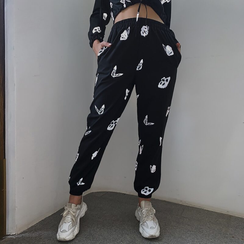 

Butterfly Print Elastic Waist Sweatpants, Black