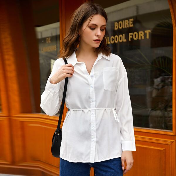 

Solid Pocket Front Belted Blouse, White