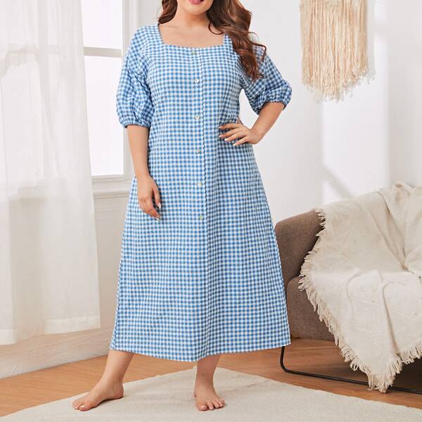 

Plus Square Neck Gingham Night Dress, Blue and white
