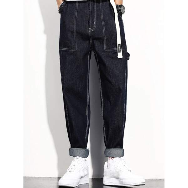 

Men Topstitching Slant Pocket Jeans, Dark wash