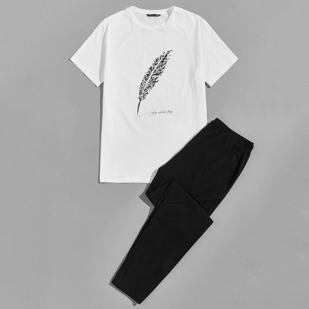 

Guys Slogan and Bird Print Top & Pants PJ Set, Black and white