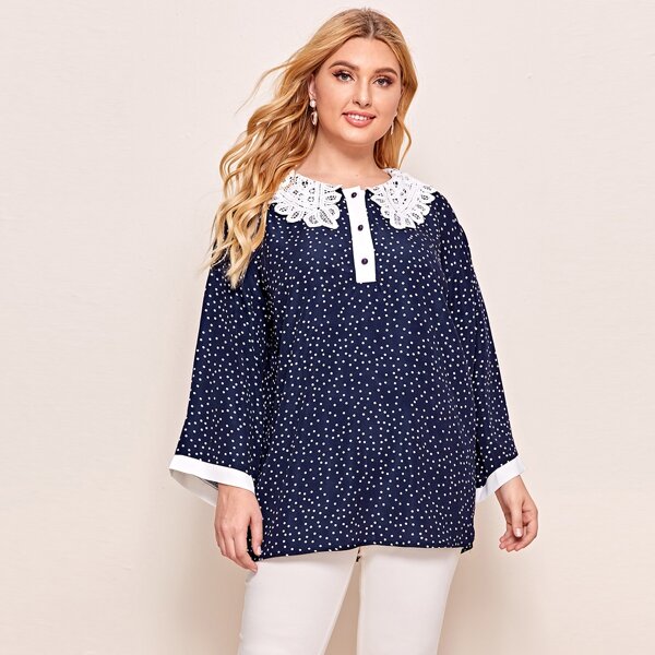 

Plus Polka Dot Contrast Lace Collar Blouse, Navy blue
