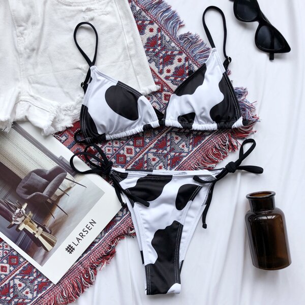 

Cow Print Triangle Tie Side Bikini Swimsuit, Black and white