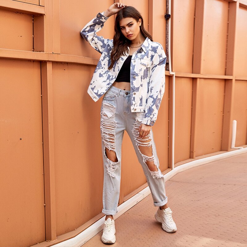

Drop Shoulder Tie Dye Denim Jacket, Blue and white