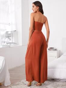 SHEIN VCAY 實色打結前短款圓管上衣和寬腳褲,適合夏天度假 - 亮橙色 - 查看 2