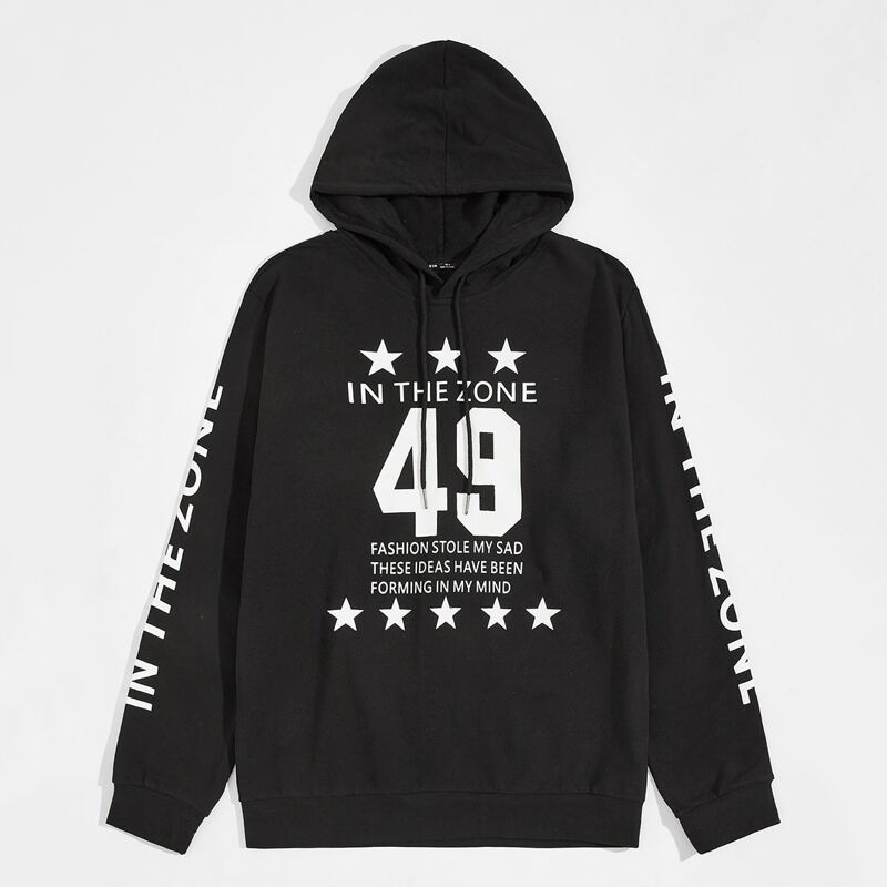

Guys Slogan and Star Print Drawstring Hoodie, Black