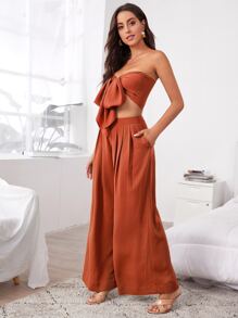 SHEIN VCAY 實色打結前短款圓管上衣和寬腳褲,適合夏天度假 - 亮橙色 - 查看 4