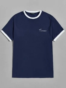 Manfinity VCAY Hombres Camiseta ringer algodón con estampado de letra - Azul Marino - Ver 1