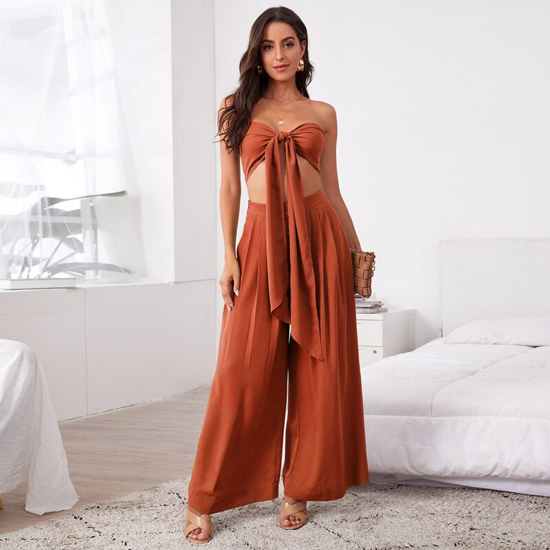 

Tie Front Tube Top & Pleated Wide Leg Pants Set, Burnt orange