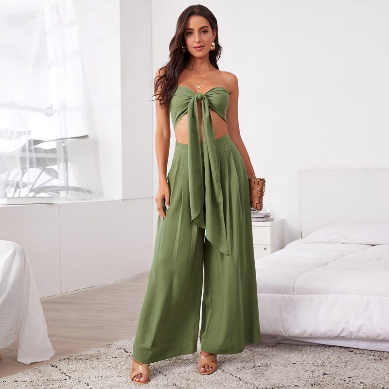 

Tie Front Tube Top & Pleated Wide Leg Pants Set, Army green