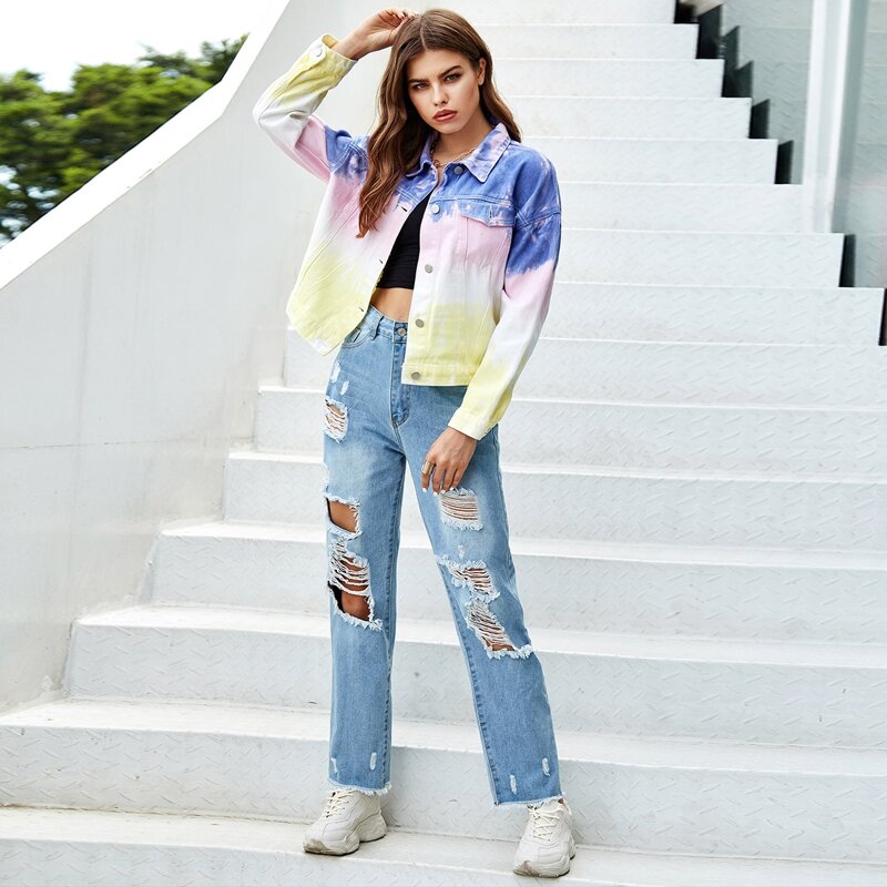 

Button Front Tie Dye Oversized Denim Jacket, Multicolor