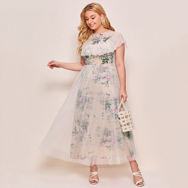 

Plus Floral Print Contrast Mesh Dress, Apricot