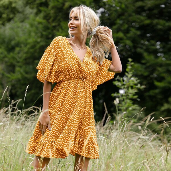 

Surplice Neck Knot Ditsy Floral A-line Dress, Mustard yellow
