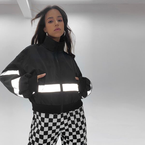 

Reflective Panel Zip Up Windbreaker Jacket, Black