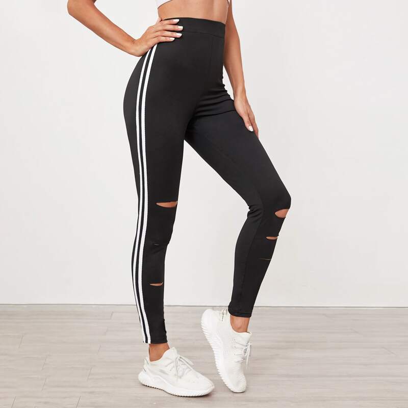 

Side Stripe Ripped Leggings, Black
