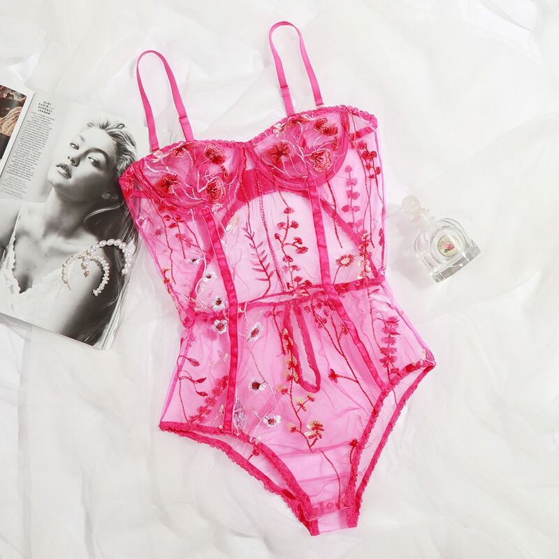 

Floral Embroidered Mesh Underwire Teddy Bodysuit, Hot pink bright