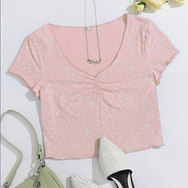 

Ditsy Floral Ruched Front Crop Tee, Baby pink