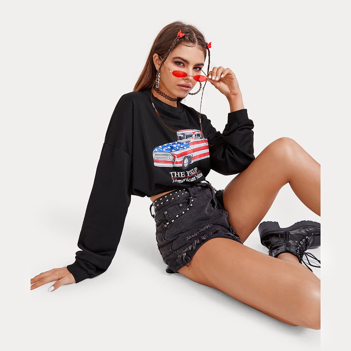 

American Flag & Letter Graphic Crop Sweatshirt, Black