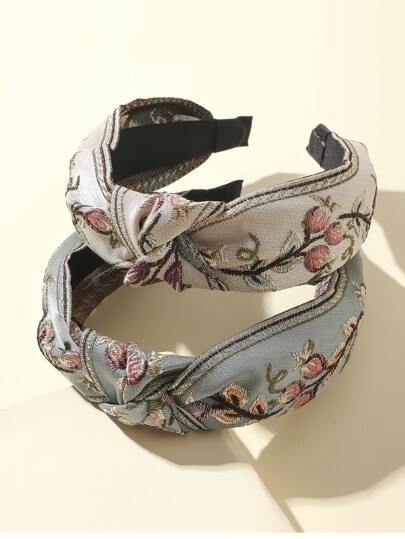 2件套刺绣宽结发箍，饰有叶子和花朵图案，波西米亚风，发带，发箍，发饰，头饰