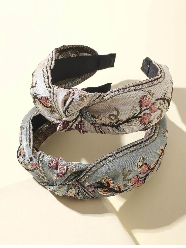 2pcs/Set Embroidered Wide Knot Headband With Leaf & Flower Designs Boho,Hairband,Hair Hoop,Hair Accessories Headbands Head Accessories