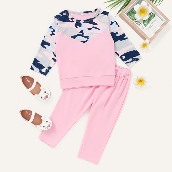 

Baby Girl Contrast Camo Sweatshirt & Pants, Baby pink