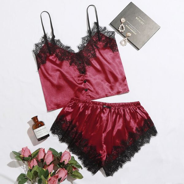 

Lace Trim Satin Cami With Shorts, Burgundy