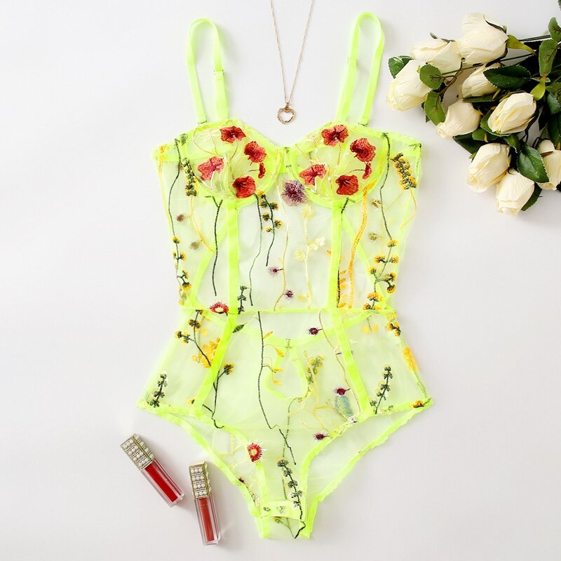 

Neon Lime Floral Embroidered Mesh Underwire Teddy Bodysuit, Neon lime green
