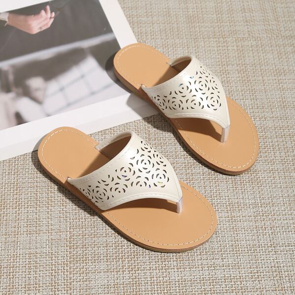 

Toddler Girls Toe Post Laser Cut-out Slides, Beige