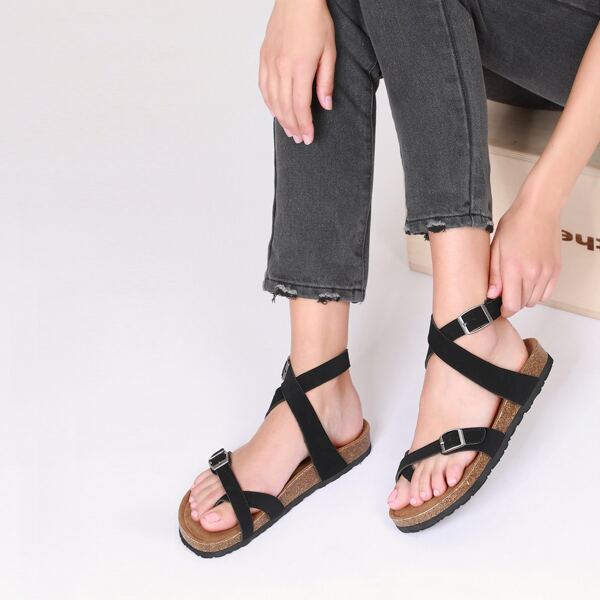 

Cross Toe Loop Cork Footbed Gladiator Sandals, Black