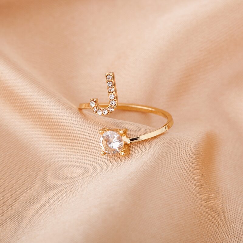 

Rhinestone Decor Letter Design Ring, Gold