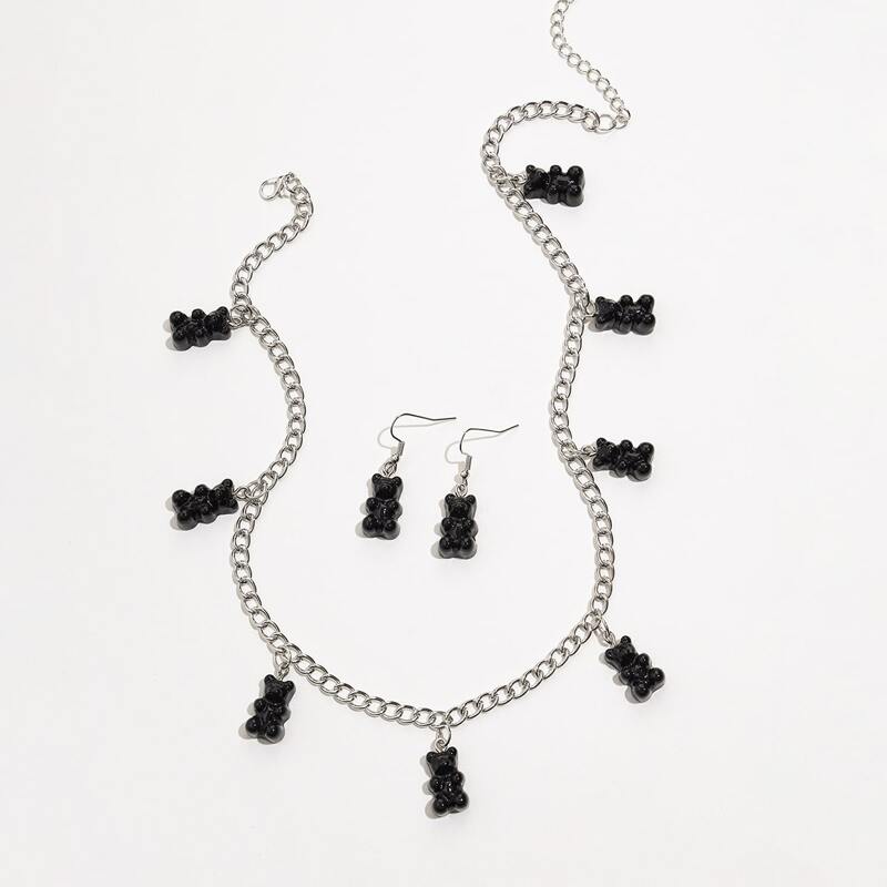 

1pair Bear Charm Drop Earrings & 1pc Necklace, Black