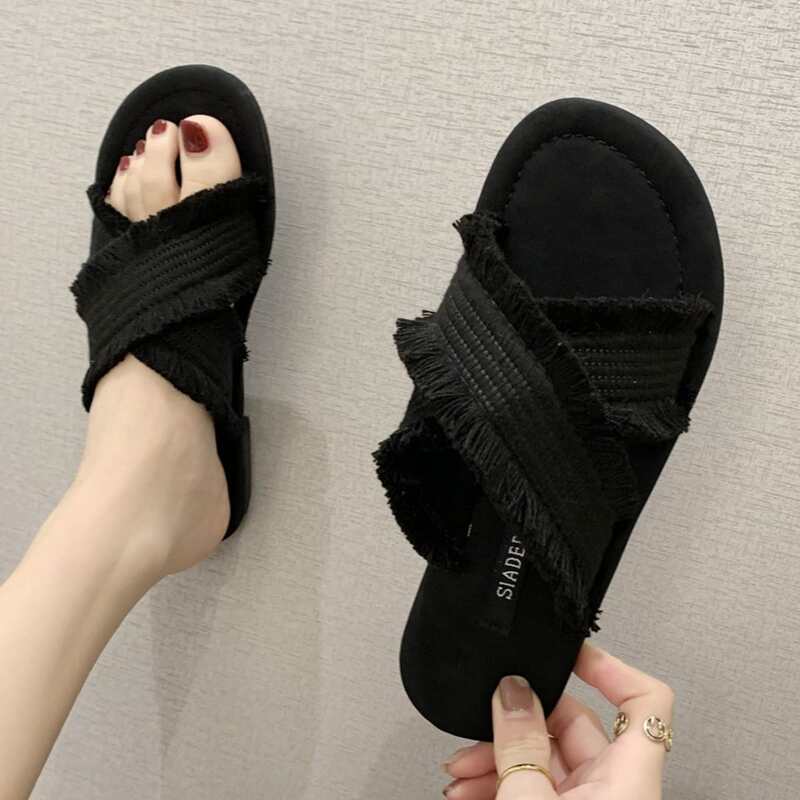 

Cross Fringe Trim Slide Sandals, Black
