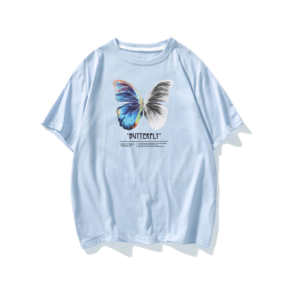 

Men Letter & Butterfly Print Tee, Pastel baby blue