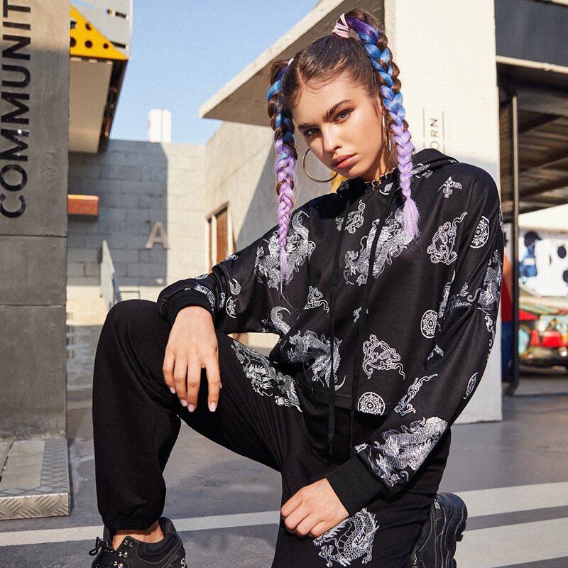 

Chinese Dragon Print Hoodie, Black