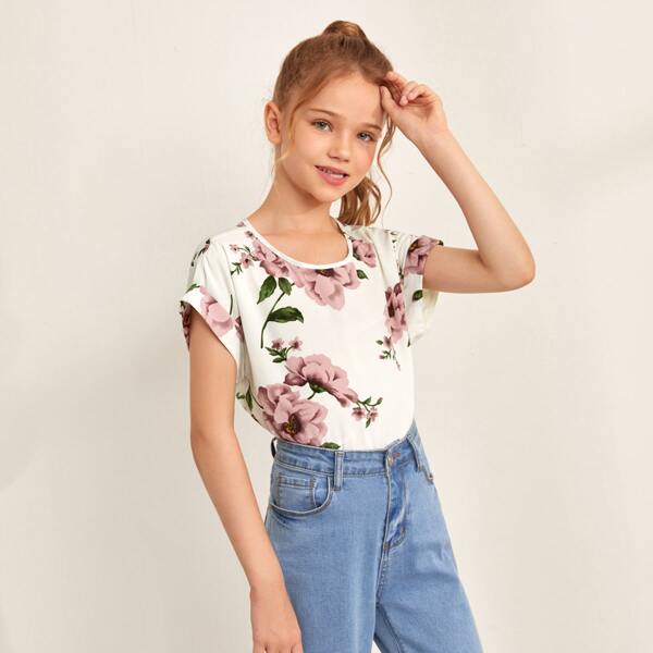 

Girls Floral Print Cuffed Top, White