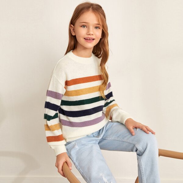 

Girls Drop Shoulder Striped Colorblock Sweater, Multicolor