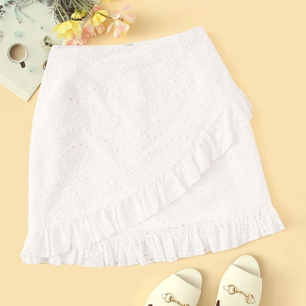 

Plus Schiffy Zipper Back Ruffle Hem Skirt, White