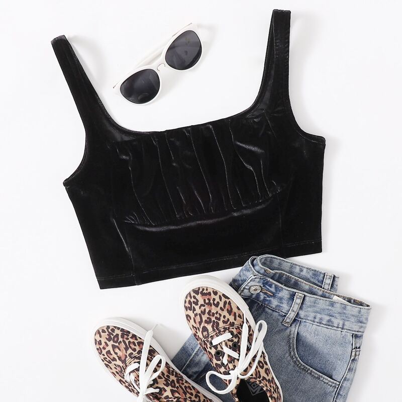 

Ruched Bust Velvet Crop Cami Top, Black