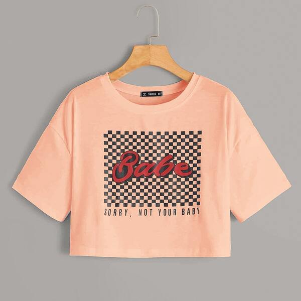 

Plus Drop Shoulder Checkered & Slogan Tee, Pastel baby pink