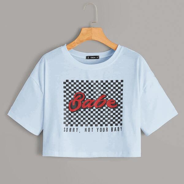 

Plus Drop Shoulder Checkered & Slogan Tee, Pastel baby blue