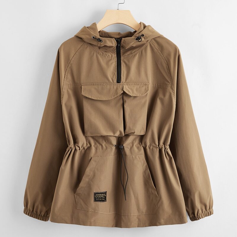 

Letter Patched Drawstring Detail Jacket, Khaki