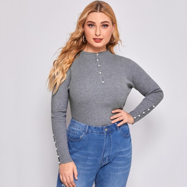 

Plus Pearls Beaded Slim Sweater, Grey