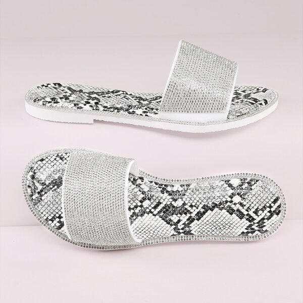 

Rhinestone Snakeskin Print Slip-On Sandals, Silver