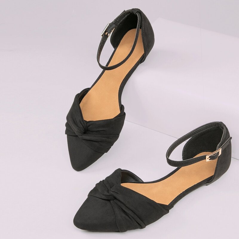 

Fake Suede Twist-Front Buckled Flats, Black
