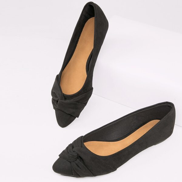

Vegan Suede Ruched Pointed-Toe Flats, Black